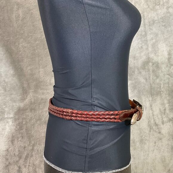 Vintage Brighton 1995 Silver Buckle Brown Braided Leather Waist Belt embossed M - Picture 2 of 12